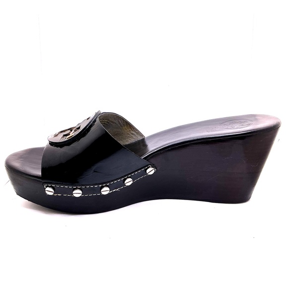 TORY BURCH Patent Leather Logo Wedge Platform Slide Sandal Black Size 10M - Picture 4 of 5